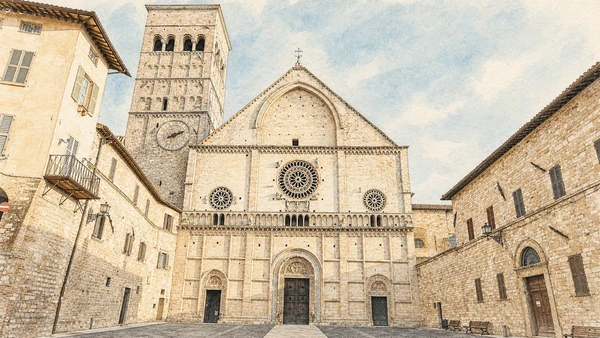 Verified watercolour of the Romanesque Cathedral of San Rufino with its bell tower, three portals and three rose windows
