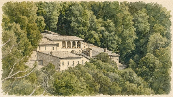 Verified watercolour of the Eremo delle Carceri immersed in the holm-oak woods of Mount Subasio