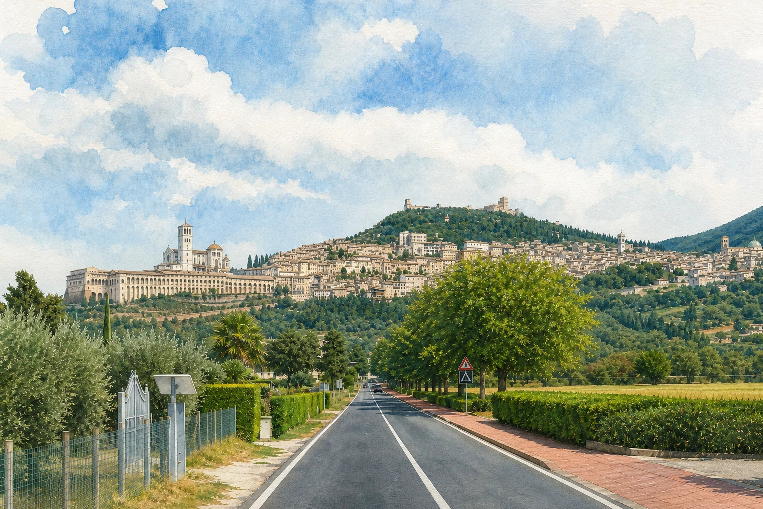 Watercolour of Assisi seen from the plain