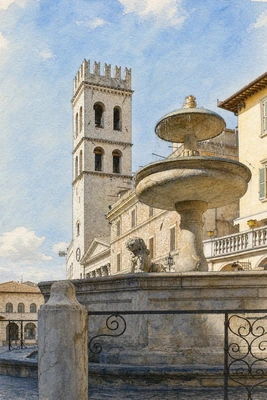Verified watercolour of Piazza del Comune with the Fountain of the Three Lions, Torre del Popolo and Temple of Minerva