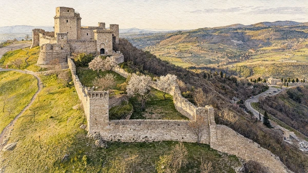 Verified watercolour of Assisi’s Rocca Maggiore with its keep, bastions, walls and valley