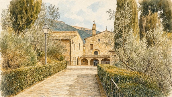Verified watercolour of the entrance to San Damiano Sanctuary among olive trees and cypresses