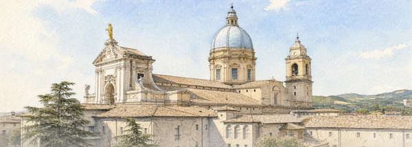 Verified watercolour of the Basilica of Saint Mary of the Angels with its dome, façade and bell tower