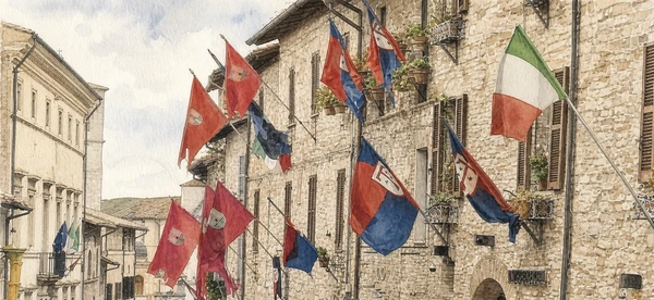 Verified watercolour of Via San Francesco in Assisi with stone façades, balconies and flags