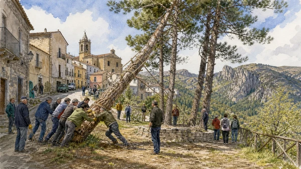 Lucanian Dolomites and Gallipoli Cognato: Complete Guide 8 Original documentary watercolour of Accettura: tree ritual inside a living community in Lucanian Dolomites and Gallipoli Cognato · Basilicata, showing accurate architecture, landscape and present-day use