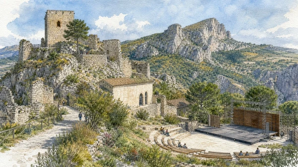 Lucanian Dolomites and Gallipoli Cognato: Complete Guide 11 Original documentary watercolour of Brindisi Montagna and the Grancia: castle landscape and modern performance in Lucanian Dolomites and Gallipoli Cognato · Basilicata, showing accurate architecture, landscape and present-day use