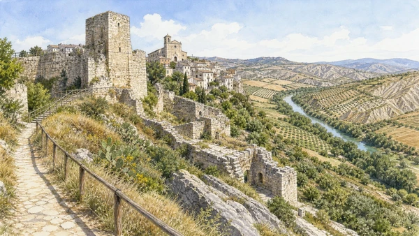 Lucanian Dolomites and Gallipoli Cognato: Complete Guide 10 Original documentary watercolour of Calciano: the Basento edge and fortified remains in Lucanian Dolomites and Gallipoli Cognato · Basilicata, showing accurate architecture, landscape and present-day use