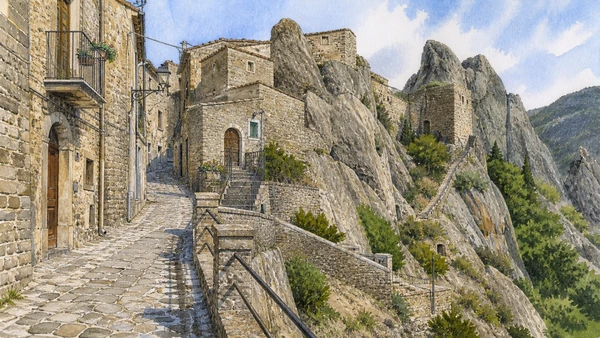 Lucanian Dolomites and Gallipoli Cognato: Complete Guide 2 Original documentary watercolour of Castelmezzano: streets fitted to the rock in Lucanian Dolomites and Gallipoli Cognato · Basilicata, showing accurate architecture, landscape and present-day use