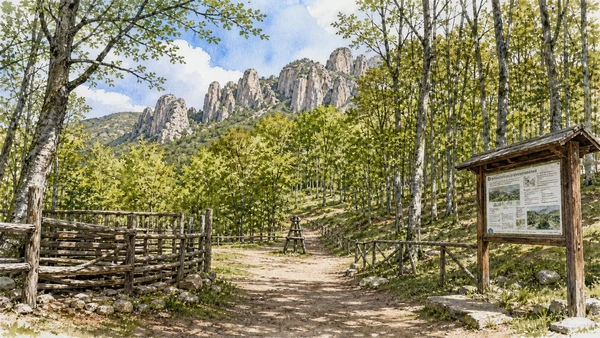 Lucanian Dolomites and Gallipoli Cognato: Complete Guide 6 Original documentary watercolour of Gallipoli Cognato forest: managed woodland and habitat in Lucanian Dolomites and Gallipoli Cognato · Basilicata, showing accurate architecture, landscape and present-day use