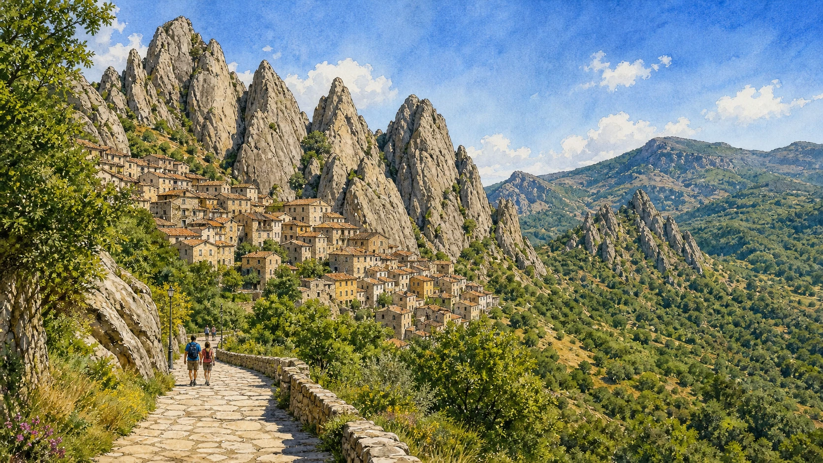 Lucanian Dolomites and Gallipoli Cognato: Complete Guide 1 Original documentary watercolour panorama for Lucanian Dolomites and Gallipoli Cognato: Complete Guide, with accurate Lucanian architecture, landscape and lived context