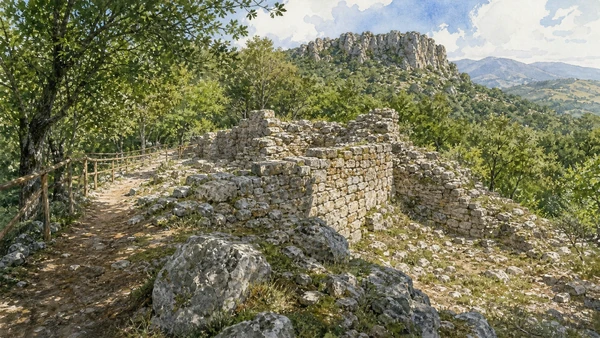 Lucanian Dolomites and Gallipoli Cognato: Complete Guide 7 Original documentary watercolour of Monte Croccia: Lucanian walls above the forest in Lucanian Dolomites and Gallipoli Cognato · Basilicata, showing accurate architecture, landscape and present-day use