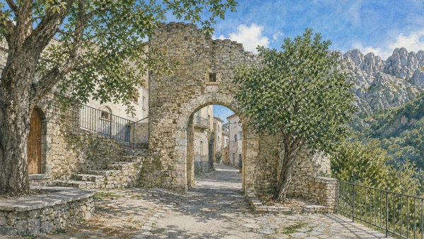 Lucanian Dolomites and Gallipoli Cognato: Complete Guide 9 Original documentary watercolour of Oliveto Lucano: stone portals and another tree marriage in Lucanian Dolomites and Gallipoli Cognato · Basilicata, showing accurate architecture, landscape and present-day use