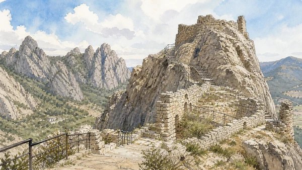 Lucanian Dolomites and Gallipoli Cognato: Complete Guide 4 Original documentary watercolour of Pietrapertosa Castle: a fortification carved into the summit in Lucanian Dolomites and Gallipoli Cognato · Basilicata, showing accurate architecture, landscape and present-day use