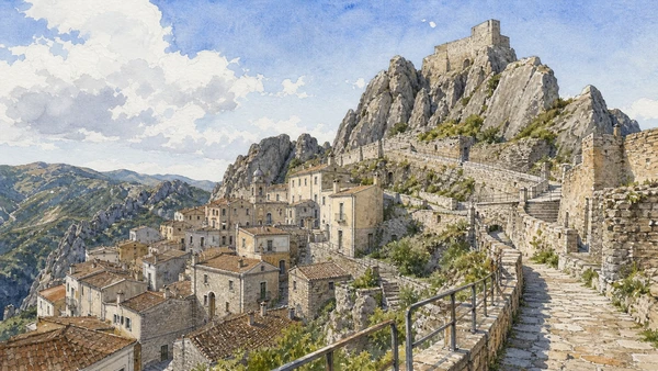Lucanian Dolomites and Gallipoli Cognato: Complete Guide 3 Original documentary watercolour of Pietrapertosa and the Arabata: a high settlement with many layers in Lucanian Dolomites and Gallipoli Cognato · Basilicata, showing accurate architecture, landscape and present-day use