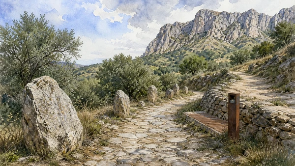 Lucanian Dolomites and Gallipoli Cognato: Complete Guide 5 Original documentary watercolour of The Seven Stones path: a modern narrative on an old route in Lucanian Dolomites and Gallipoli Cognato · Basilicata, showing accurate architecture, landscape and present-day use