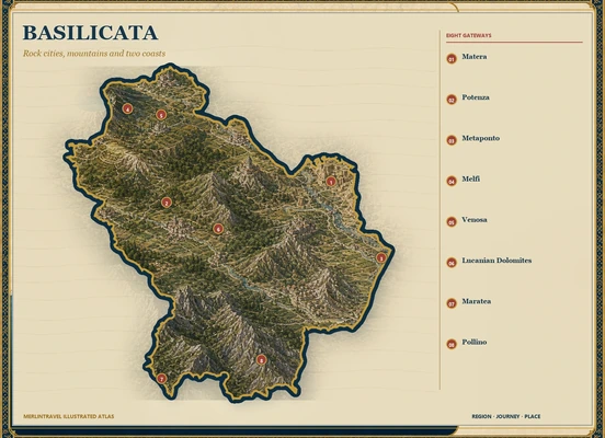 Illustrated map of Basilicata with eight numbered Merlintravel gateways