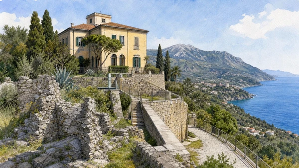 Original documentary watercolour of Acquafredda and Villa Nitti: political memory above the coast in Maratea and the Tyrrhenian coast · Basilicata, showing accurate architecture, landscape and present-day use