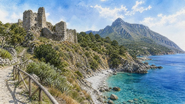 Original documentary watercolour of Castrocucco: headland, beach and castle ruins in Maratea and the Tyrrhenian coast · Basilicata, showing accurate architecture, landscape and present-day use