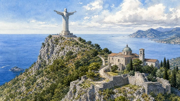 Original documentary watercolour of The Christ of Maratea: a twentieth-century landmark in Maratea and the Tyrrhenian coast · Basilicata, showing accurate architecture, landscape and present-day use