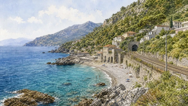 Original documentary watercolour of Fiumicello: beach, settlement and railway coast in Maratea and the Tyrrhenian coast · Basilicata, showing accurate architecture, landscape and present-day use