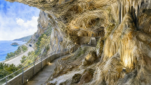 Original documentary watercolour of Grotta delle Meraviglie: karst below the coastal road in Maratea and the Tyrrhenian coast · Basilicata, showing accurate architecture, landscape and present-day use