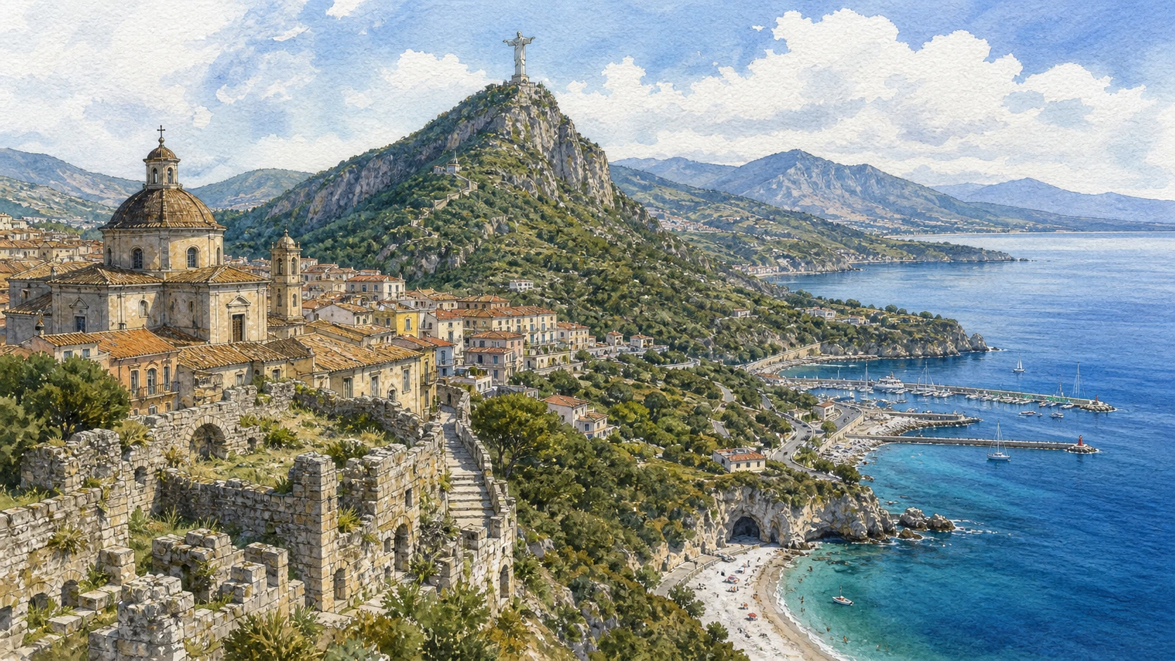 Original documentary watercolour panorama for Maratea and the Tyrrhenian Coast: Complete Guide, with accurate Lucanian architecture, landscape and lived context