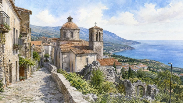 Original documentary watercolour of Maratea historic centre: an inland town facing the sea in Maratea and the Tyrrhenian coast · Basilicata, showing accurate architecture, landscape and present-day use