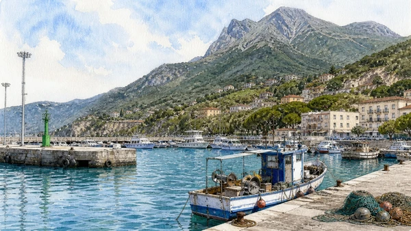 Original documentary watercolour of Maratea port: working harbour and visitor waterfront in Maratea and the Tyrrhenian coast · Basilicata, showing accurate architecture, landscape and present-day use