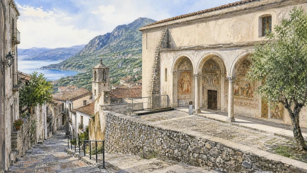 Original documentary watercolour of Rivello: stepped streets and a frescoed convent in Maratea and the Tyrrhenian coast · Basilicata, showing accurate architecture, landscape and present-day use