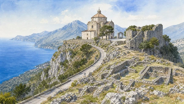 Original documentary watercolour of San Biagio Basilica and the old fortified summit in Maratea and the Tyrrhenian coast · Basilicata, showing accurate architecture, landscape and present-day use