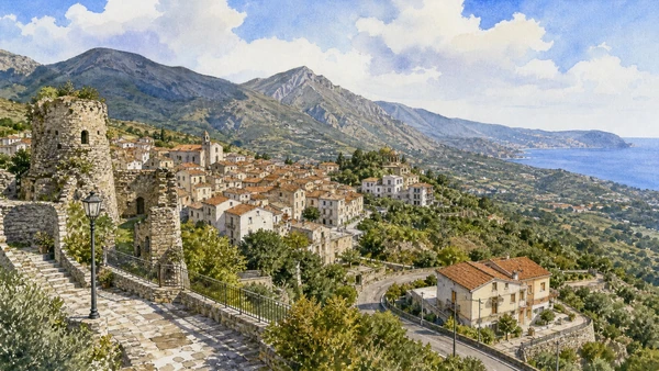 Original documentary watercolour of Trecchina: a garden town between coast and mountains in Maratea and the Tyrrhenian coast · Basilicata, showing accurate architecture, landscape and present-day use