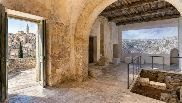 Original documentary watercolour of Casa Noha: interpretation inside a donated residence in Matera and the Murgia · Basilicata, showing accurate architecture, landscape and present-day use
