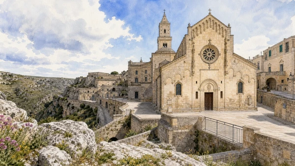 Original documentary watercolour of Matera Cathedral: the Civita between two Sassi in Matera and the Murgia · Basilicata, showing accurate architecture, landscape and present-day use