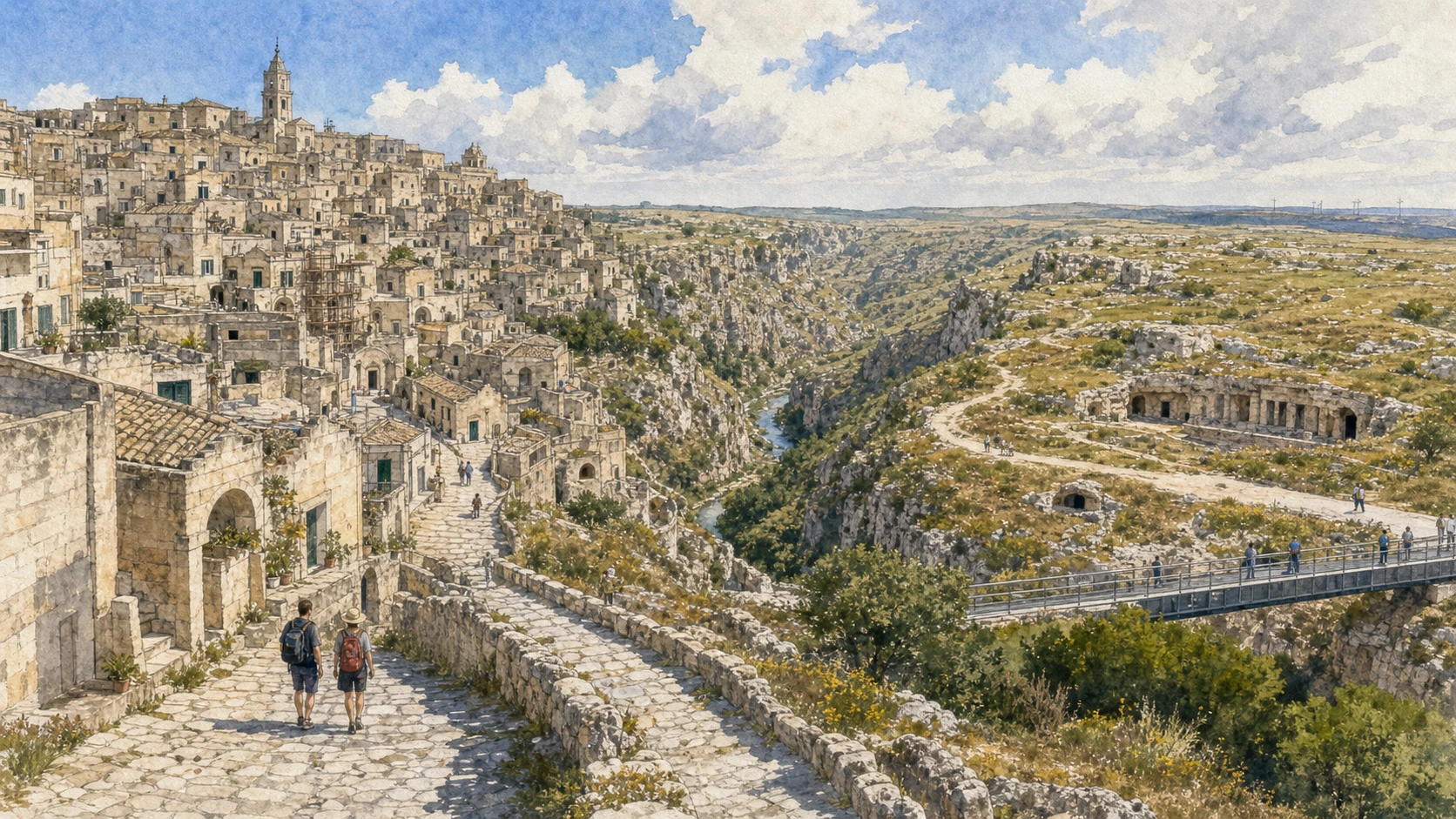 Original documentary watercolour panorama for Matera and the Murgia: Complete Guide, with accurate Lucanian architecture, landscape and lived context