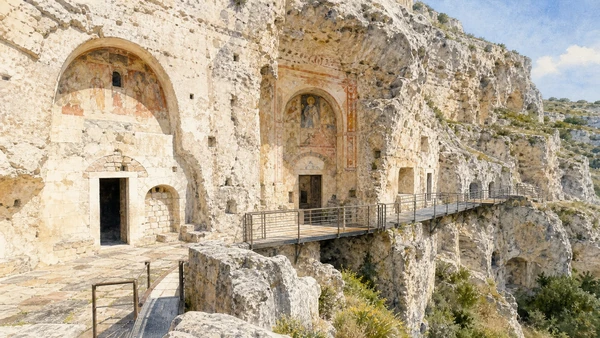 Original documentary watercolour of Madonna de Idris and San Giovanni in Monterrone in Matera and the Murgia · Basilicata, showing accurate architecture, landscape and present-day use