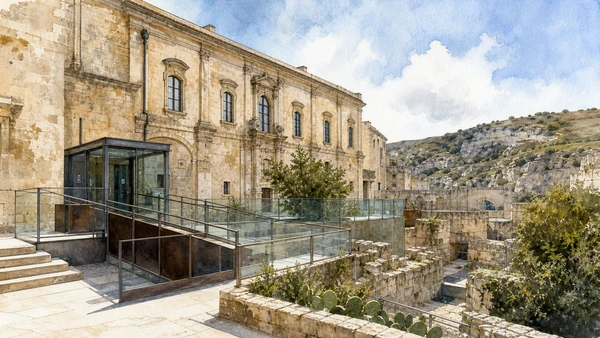 Original documentary watercolour of Palazzo Lanfranchi: sacred art, modern painting and cultural reuse in Matera and the Murgia · Basilicata, showing accurate architecture, landscape and present-day use