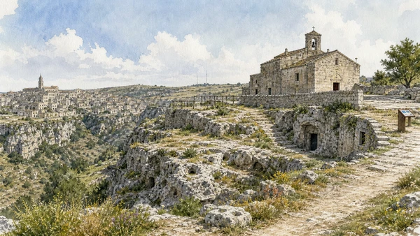 Original documentary watercolour of Murgia Timone: plateau, churches and the view back in Matera and the Murgia · Basilicata, showing accurate architecture, landscape and present-day use