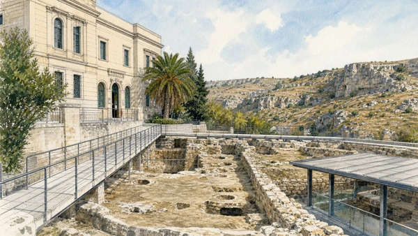 Original documentary watercolour of Museo Ridola: prehistory before the famous skyline in Matera and the Murgia · Basilicata, showing accurate architecture, landscape and present-day use