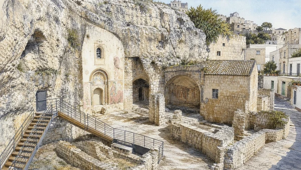 Original documentary watercolour of Santa Lucia alle Malve: a convent church inside the rock in Matera and the Murgia · Basilicata, showing accurate architecture, landscape and present-day use