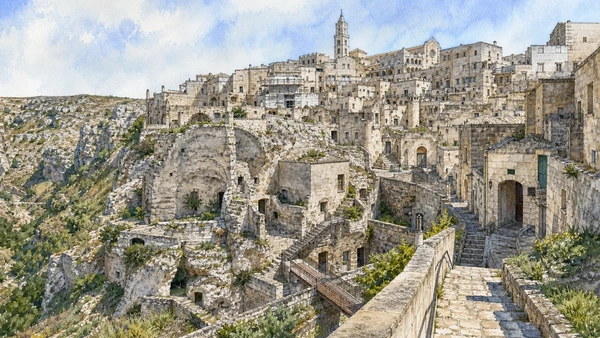 Original documentary watercolour of Sasso Barisano and Civita: built stone above excavated rooms in Matera and the Murgia · Basilicata, showing accurate architecture, landscape and present-day use