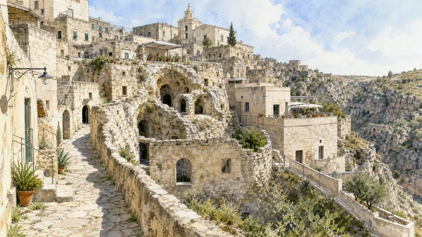 Original documentary watercolour of Sasso Caveoso: dwelling, displacement and restoration in Matera and the Murgia · Basilicata, showing accurate architecture, landscape and present-day use