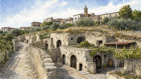 Melfi, Monticchio and the Vulture: Complete Guide 8 Original documentary watercolour of Barile and the cellar district: Arbëreshë history in volcanic tuff in Melfi and the Vulture · Basilicata, showing accurate architecture, landscape and present-day use