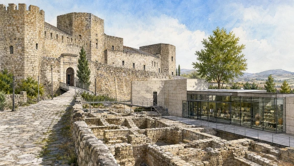 Melfi, Monticchio and the Vulture: Complete Guide 2 Original documentary watercolour of Melfi Castle and the Massimo Pallottino Museum in Melfi and the Vulture · Basilicata, showing accurate architecture, landscape and present-day use