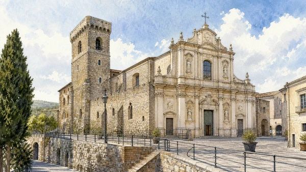 Melfi, Monticchio and the Vulture: Complete Guide 4 Original documentary watercolour of Melfi Cathedral: medieval foundation and Baroque rebuilding in Melfi and the Vulture · Basilicata, showing accurate architecture, landscape and present-day use