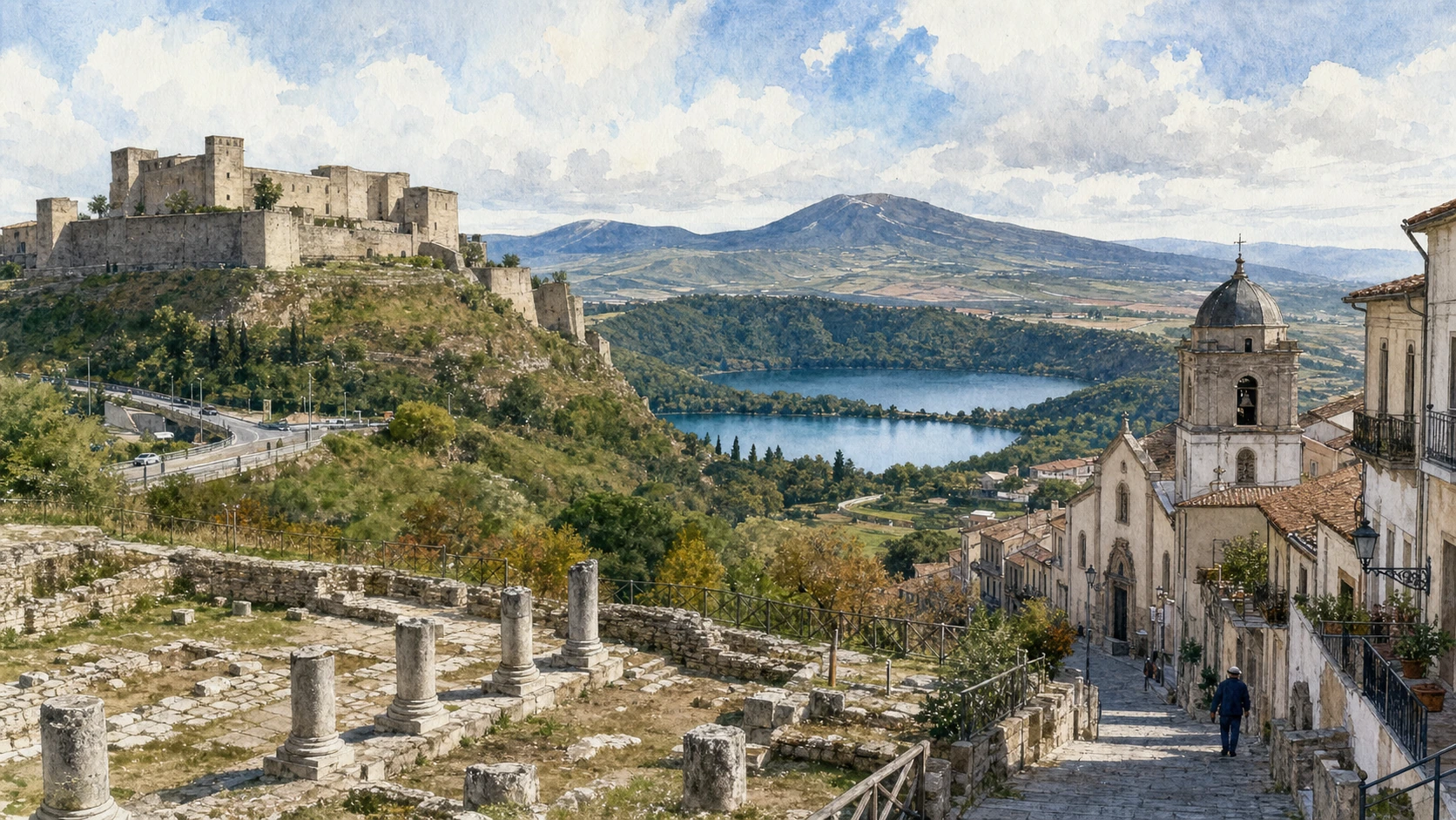 Melfi, Monticchio and the Vulture: Complete Guide 1 Original documentary watercolour panorama for Melfi, Monticchio and the Vulture: Complete Guide, with accurate Lucanian architecture, landscape and lived context