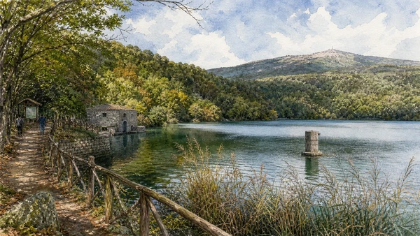 Melfi, Monticchio and the Vulture: Complete Guide 10 Original documentary watercolour of The Monticchio Lakes: two basins in an ancient volcanic system in Melfi and the Vulture · Basilicata, showing accurate architecture, landscape and present-day use