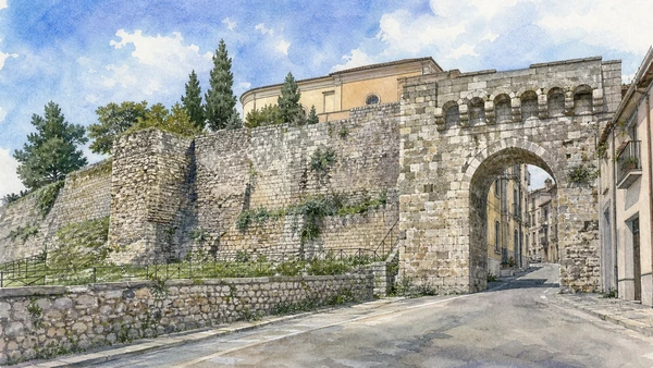 Melfi, Monticchio and the Vulture: Complete Guide 5 Original documentary watercolour of Porta Venosina and the surviving walls in Melfi and the Vulture · Basilicata, showing accurate architecture, landscape and present-day use