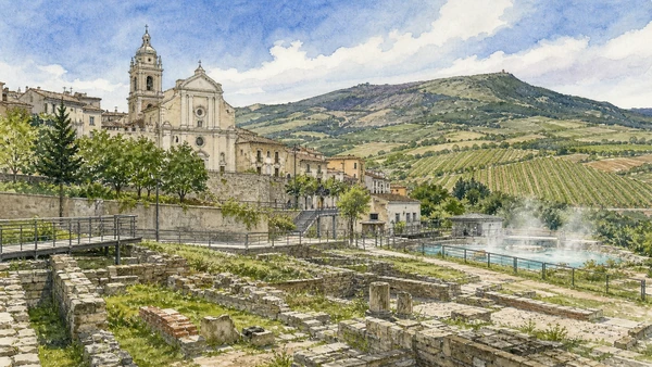 Melfi, Monticchio and the Vulture: Complete Guide 7 Original documentary watercolour of Rapolla: cathedral, thermal landscape and Vulture slopes in Melfi and the Vulture · Basilicata, showing accurate architecture, landscape and present-day use