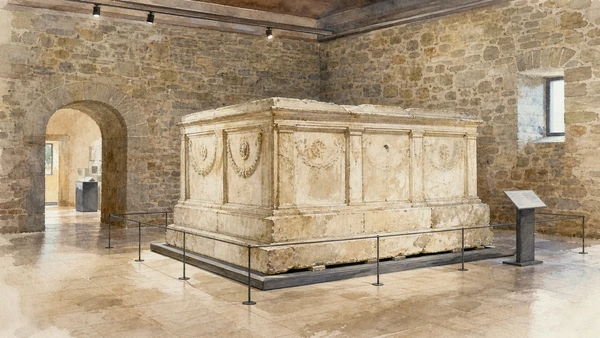 Melfi, Monticchio and the Vulture: Complete Guide 3 Original documentary watercolour of The Sarcophagus of Rapolla: an object with a documented journey in Melfi and the Vulture · Basilicata, showing accurate architecture, landscape and present-day use