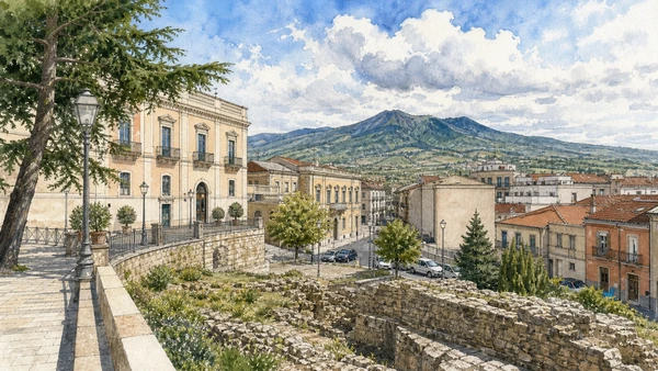 Melfi, Monticchio and the Vulture: Complete Guide 9 Original documentary watercolour of Rionero in Vulture: civic history and agricultural transformation in Melfi and the Vulture · Basilicata, showing accurate architecture, landscape and present-day use